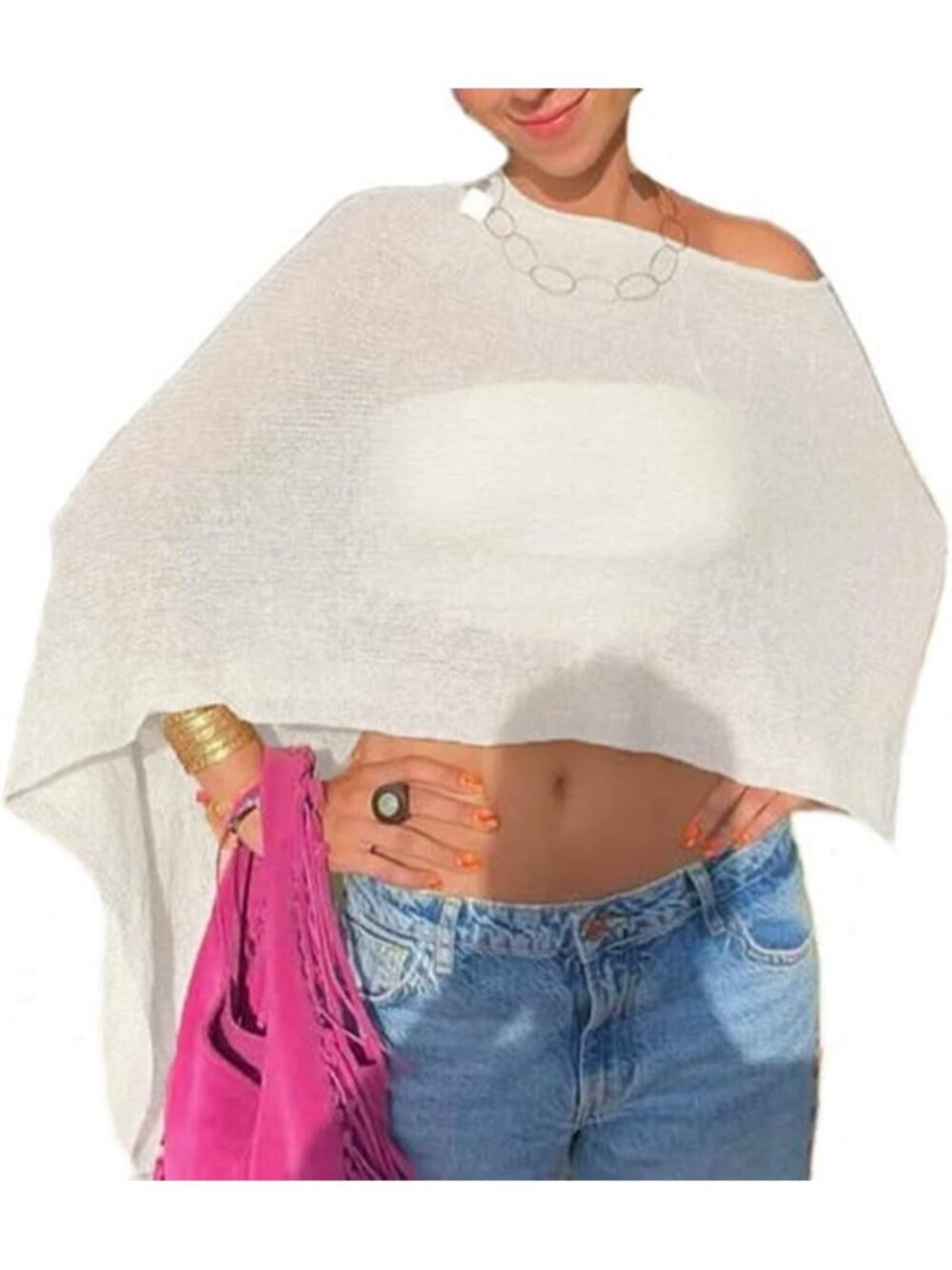 Women's White Sheer Poncho Top Knit Crochet Lightweight See Through Shawl
